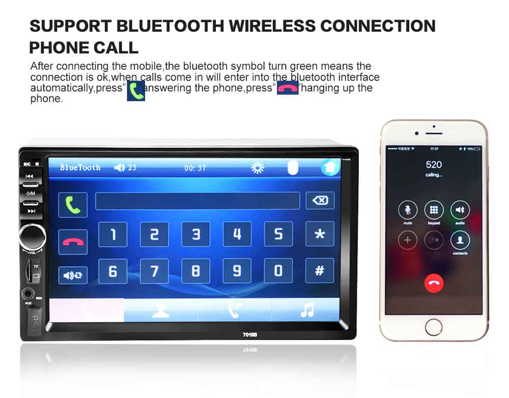 7018B 7 Inch Bluetooth V2.0 Car Audio Stereo MP5 Player 12V Auto Video Support AUX FM USB Remote Control