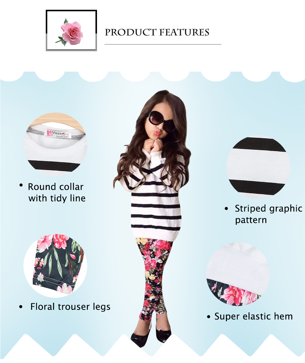 2pcs Sweet Girls Striped Long Sleeve Round Collar Tops Floral Pants