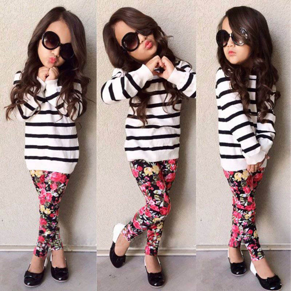 2pcs Sweet Girls Striped Long Sleeve Round Collar Tops Floral Pants