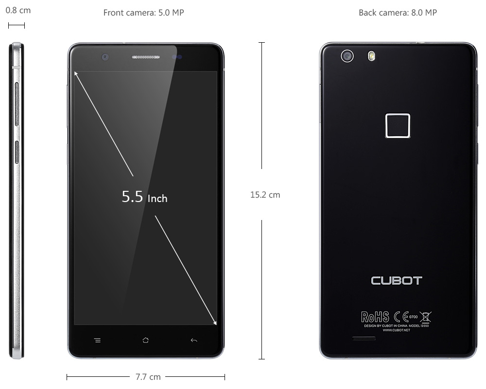 Cubot S550 Pro Android 5.1 5.5 inch 2.5D Arc Screen 4G Phablet MT6735 Quad Core 1.3GHz 3GB RAM 16GB ROM Fingerprint Scanner OTG Bluetooth 4.0