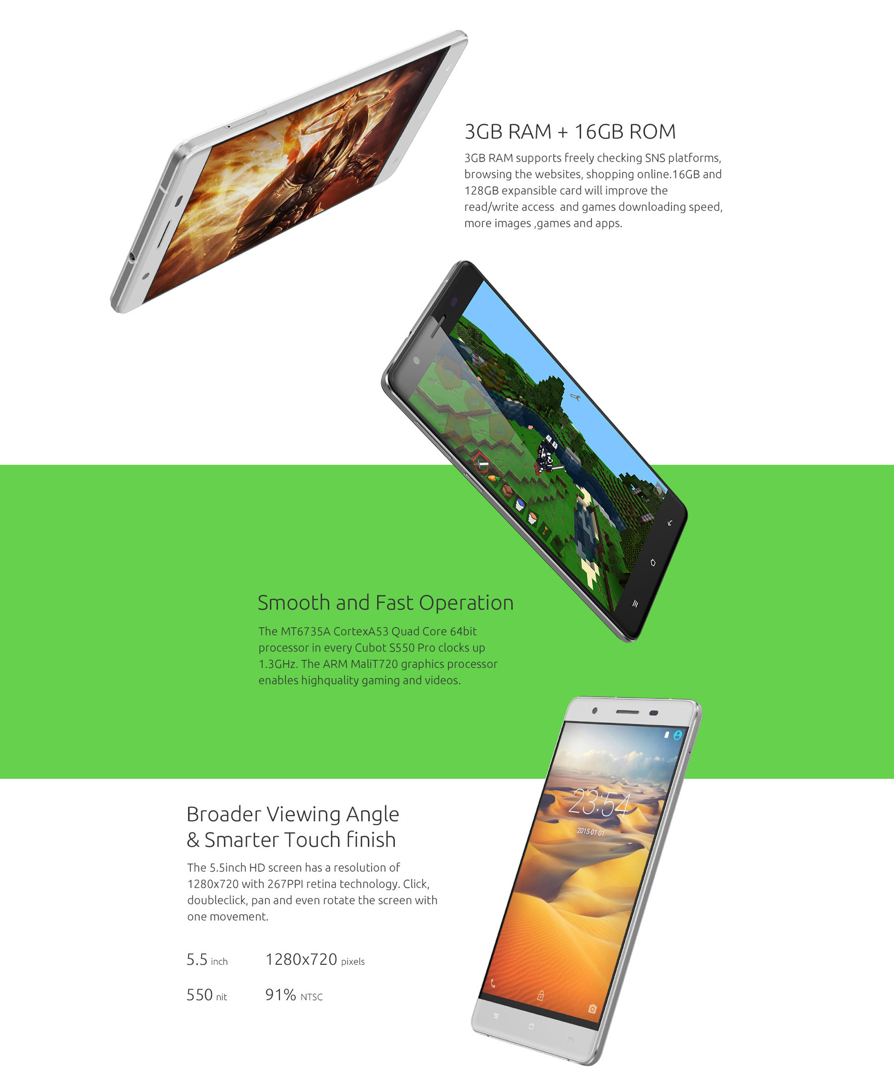 Cubot S550 Pro Android 5.1 5.5 inch 2.5D Arc Screen 4G Phablet MT6735 Quad Core 1.3GHz 3GB RAM 16GB ROM Fingerprint Scanner OTG Bluetooth 4.0