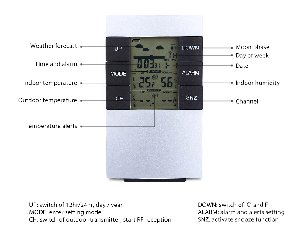 TS - H146 433MHz Wireless Weather Station Alarm Clock Indoor Outdoor Thermometer Hygrometer