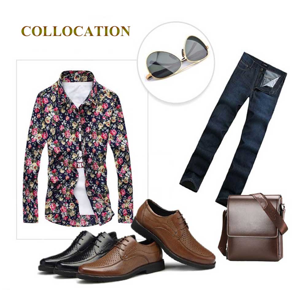 Casual Floral Print Turn Down Collar Long Sleeve Men Shirt