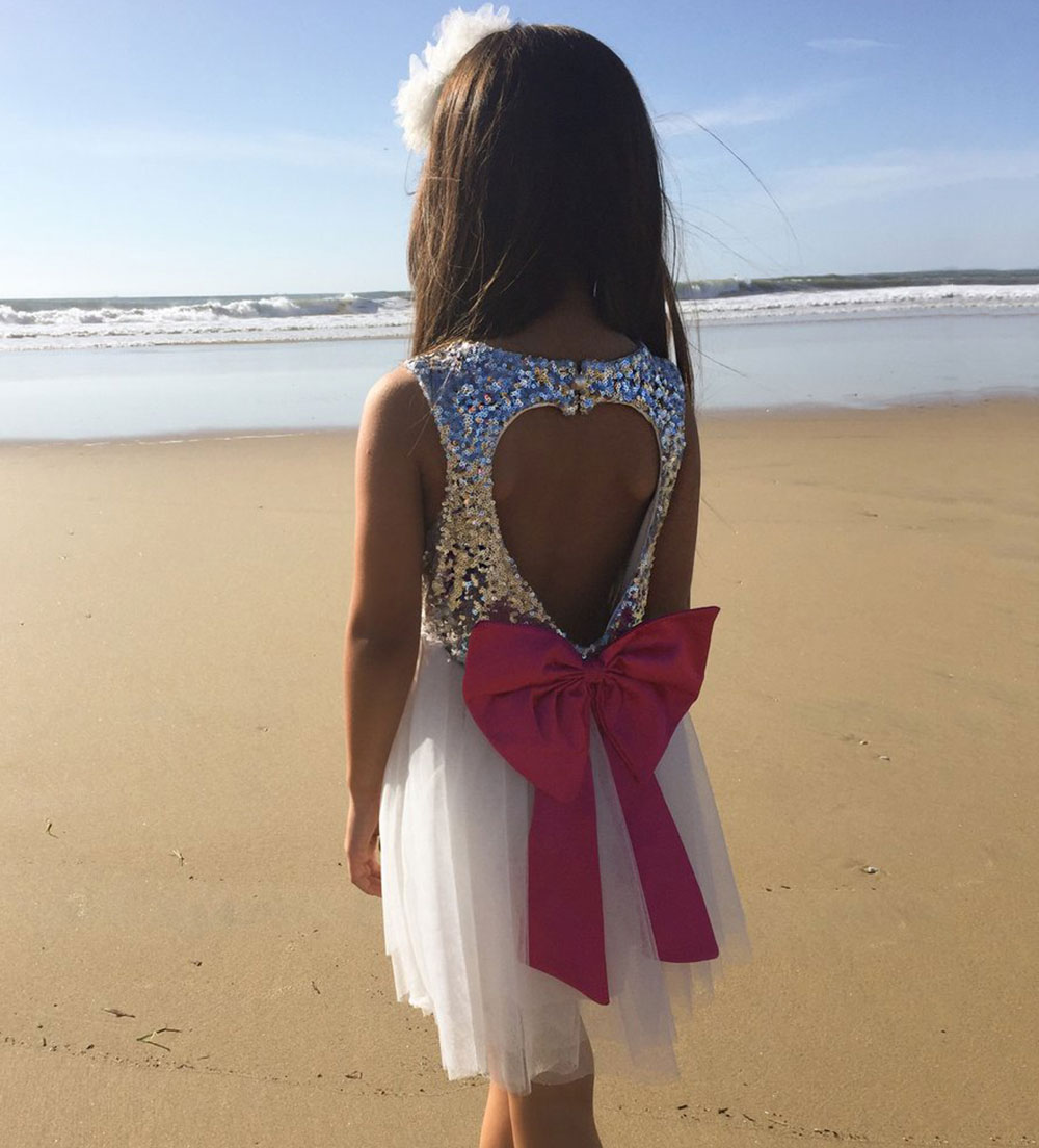 Cute Girls Sequins Lace Jumper Skirt with Bowknot