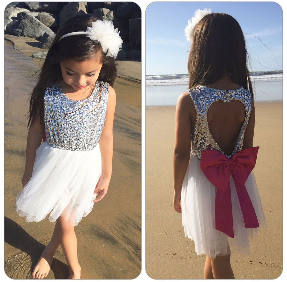 Cute Girls Sequins Lace Jumper Skirt with Bowknot