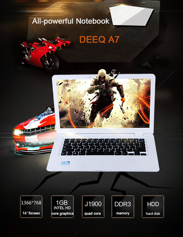 DEEQ A7 14.0 inch Notebook DOS OS Intel Celeron J1900 64bit Quad Core 4GB RAM 1000GB HDD Built-in Camera HDMI