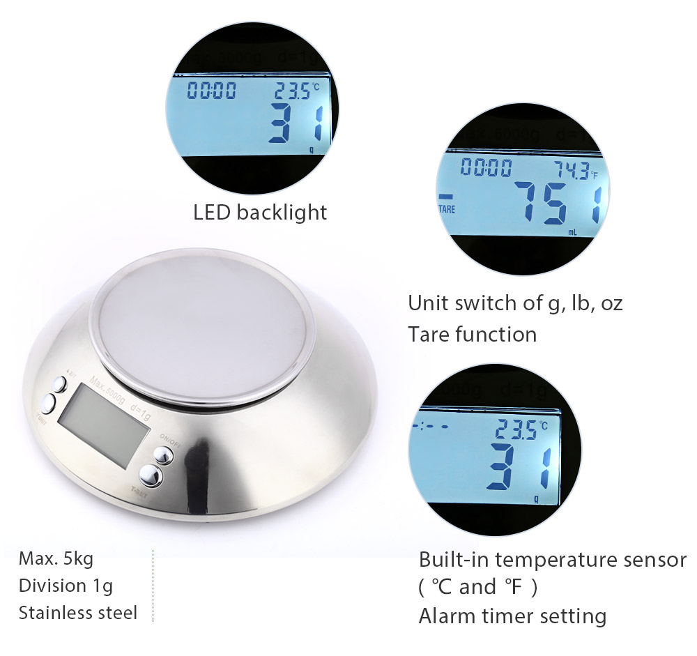 5kg 1g Stainless Digital Electronic Kitchen Scale with Alarm Timer Temperature Sensor