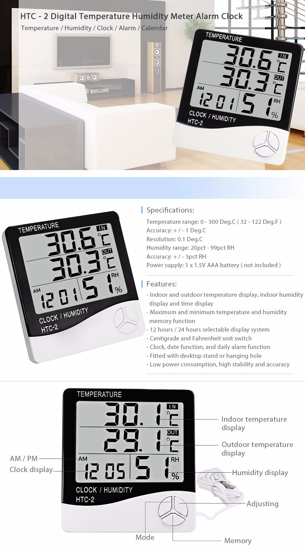 HTC - 2 Digital Electronic Temperature Humidity Meter Thermometer Alarm Clock for Indoor Outdoor