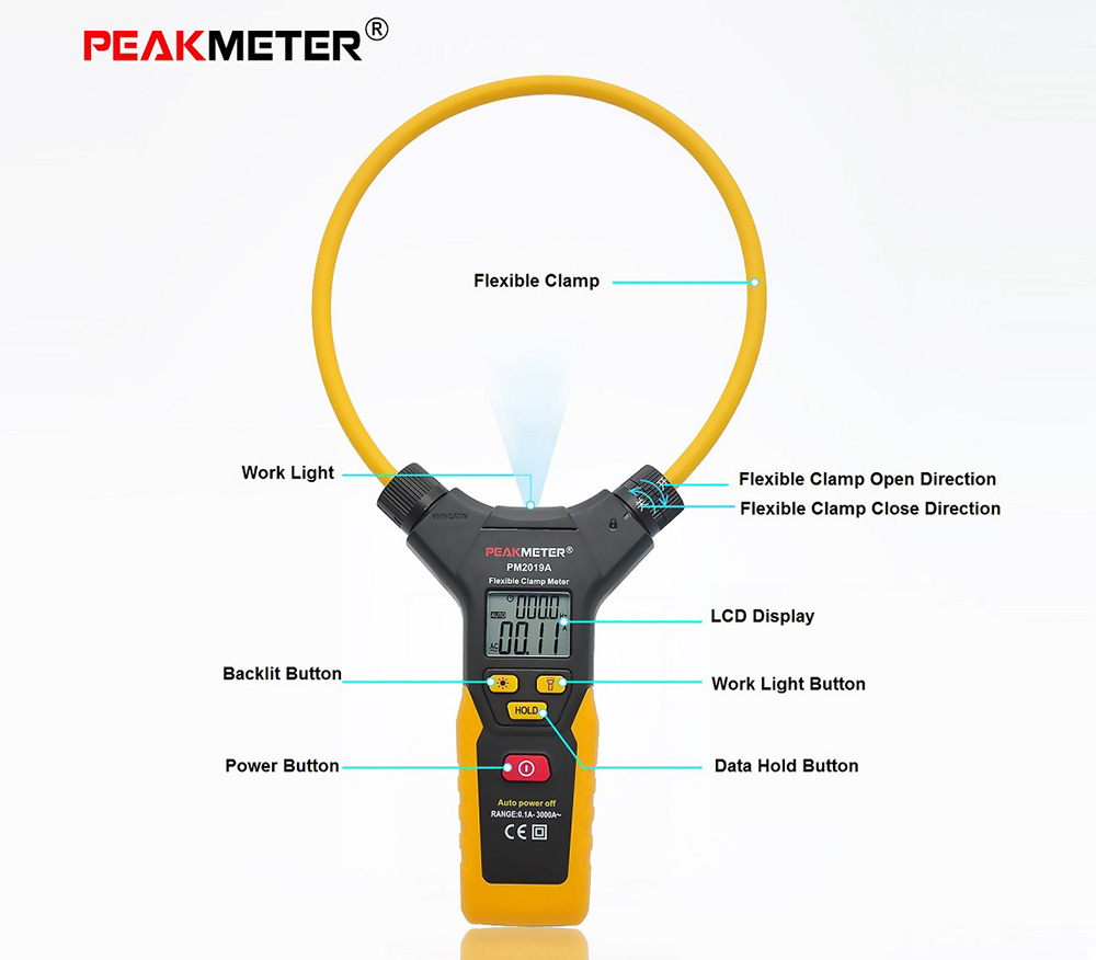 PEAKMETER PM2019A Handheld Digital Flexible Clamp Meter Multimeter AC Current