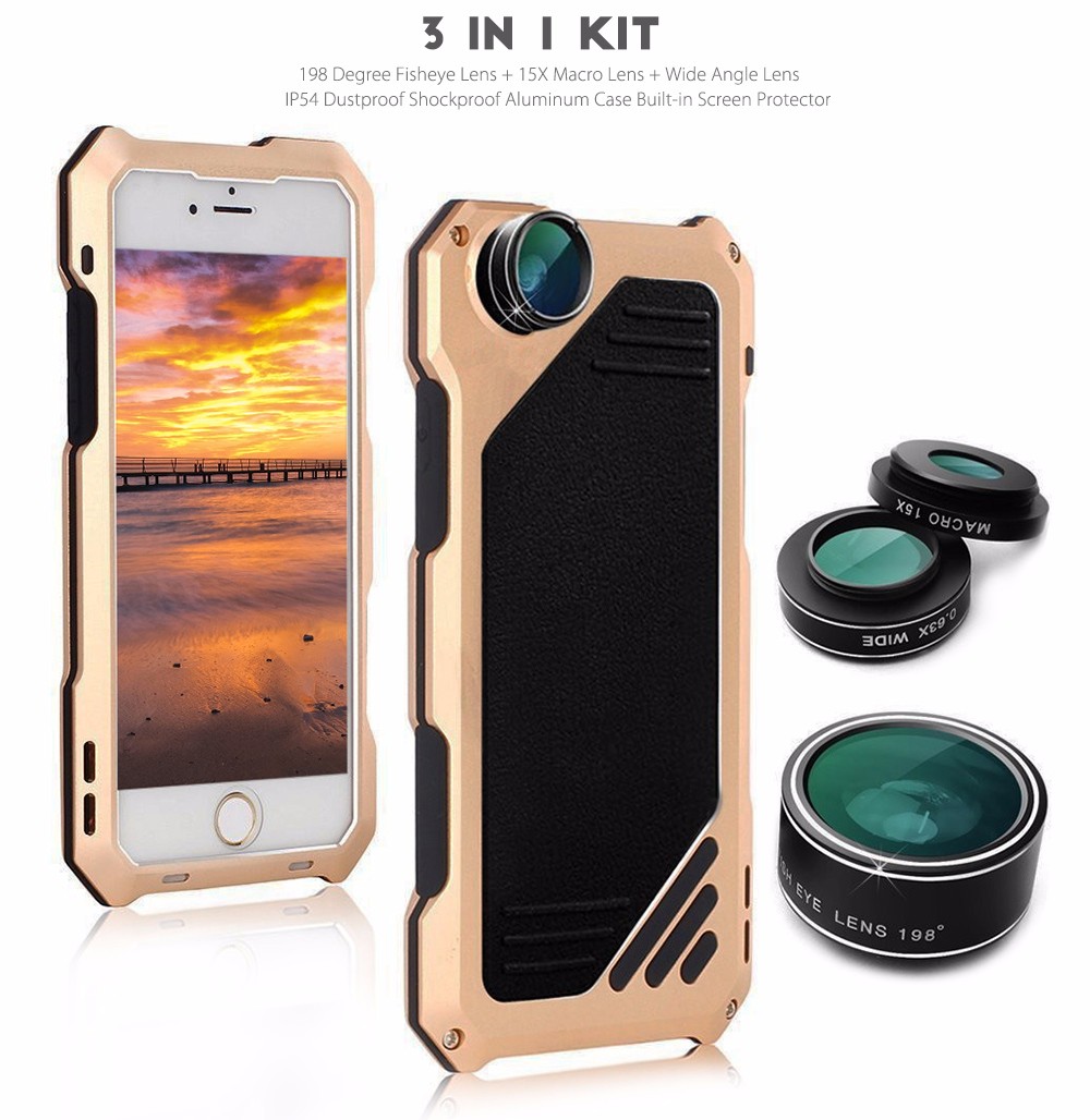 3 in 1 198 Degree Fisheye / 15X Macro / 0.63X Wide Angle Lens IP54 Dustproof Shockproof Protective Cover for iPhone 6 / 6S
