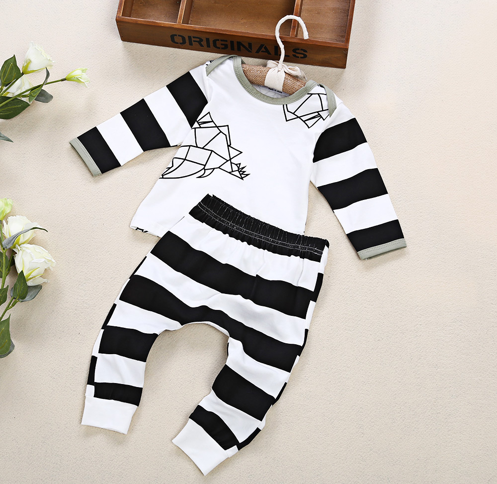 Baby Unisex 2pcs Sweet Elastic Cotton Blend Geometric Print Striped Patchwork Color Block Round Collar Long Sleeve Pullover T-shirt Long Pants Suit