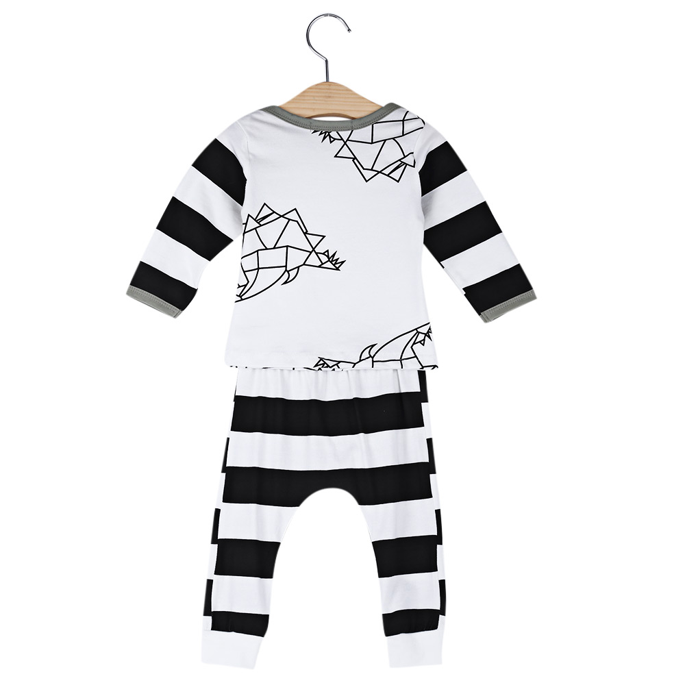 Baby Unisex 2pcs Sweet Elastic Cotton Blend Geometric Print Striped Patchwork Color Block Round Collar Long Sleeve Pullover T-shirt Long Pants Suit