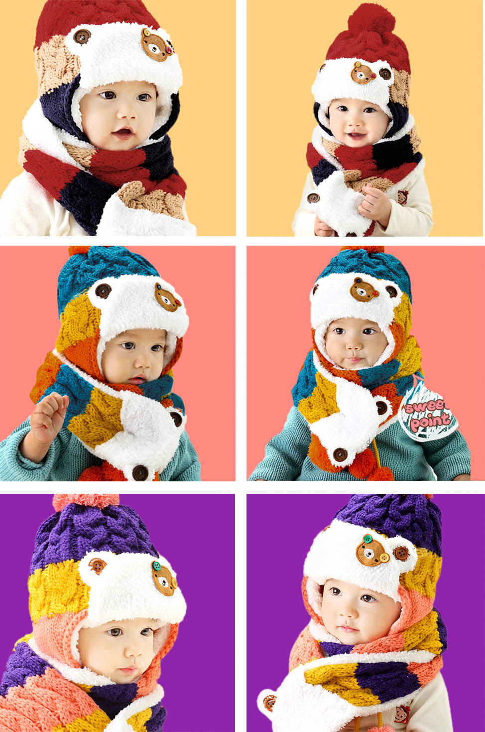 Adorable Bear Patchwork Crochet Pom-Pom Beanie with Scarf