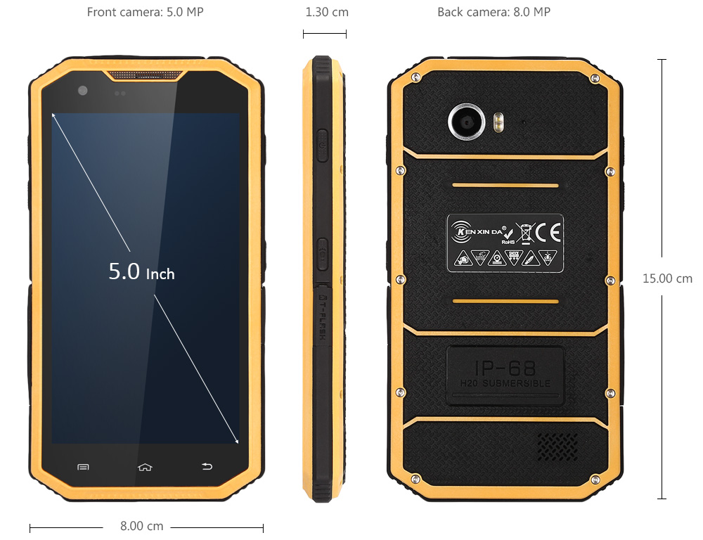 Ken Xin Da W7 5.0 inch Android 6.0 4G Smartphone MTK6735 Quad Core 1.3GHz 1GB RAM 16GB ROM Corning Gorilla Glass 3 Screen GPS IP68 Waterproof Shockproof Dustproof