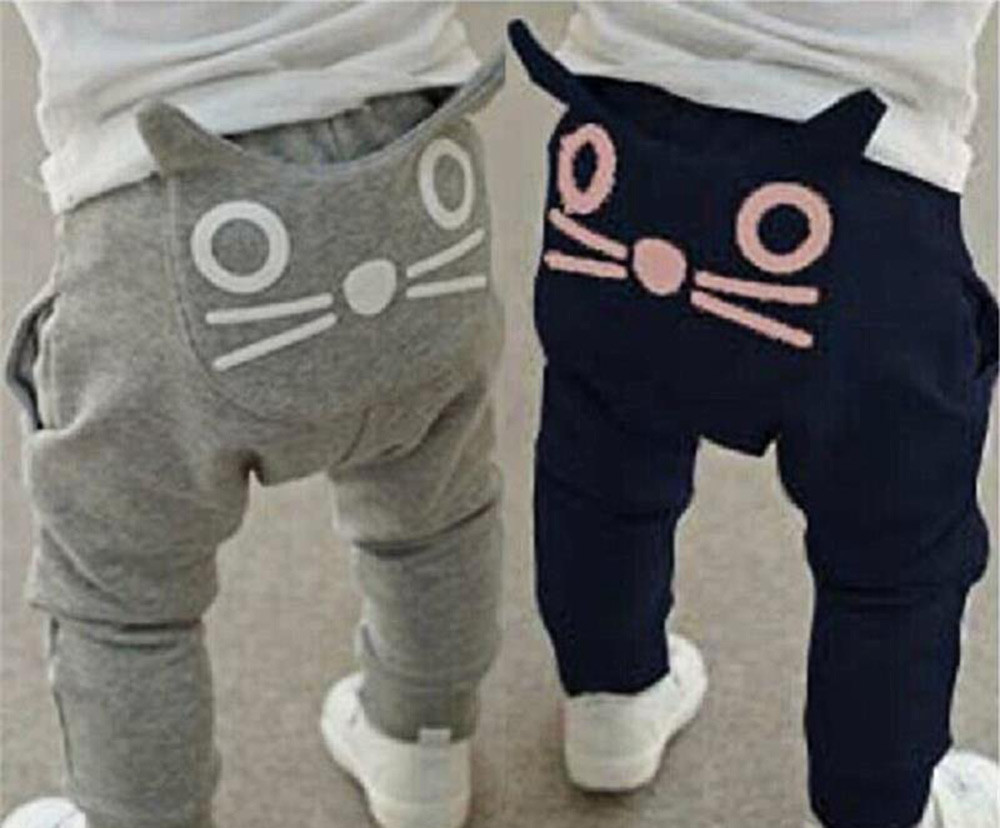 Baby Child Sweet Cartoon Animal Cat Solid Color High Waist Pocket Design Elastic Long Pants