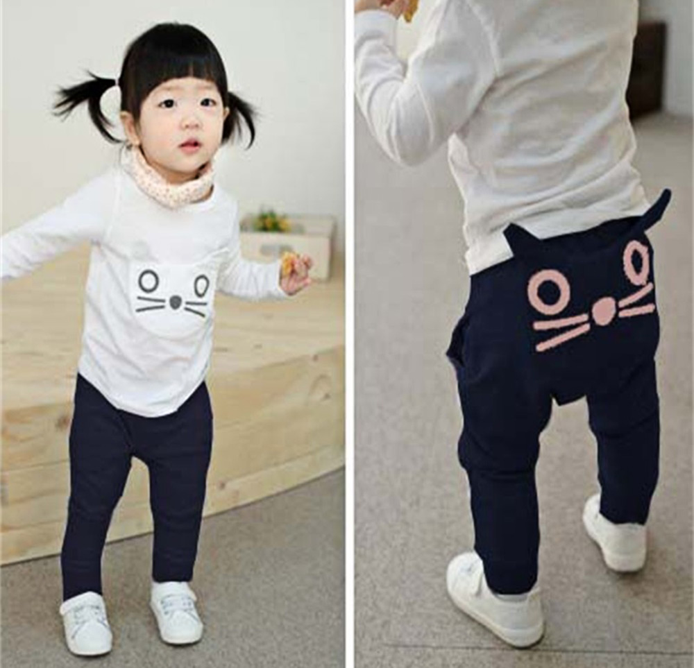 Baby Child Sweet Cartoon Animal Cat Solid Color High Waist Pocket Design Elastic Long Pants