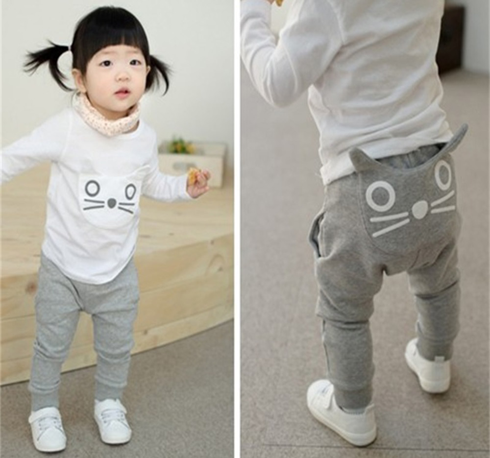 Baby Child Sweet Cartoon Animal Cat Solid Color High Waist Pocket Design Elastic Long Pants