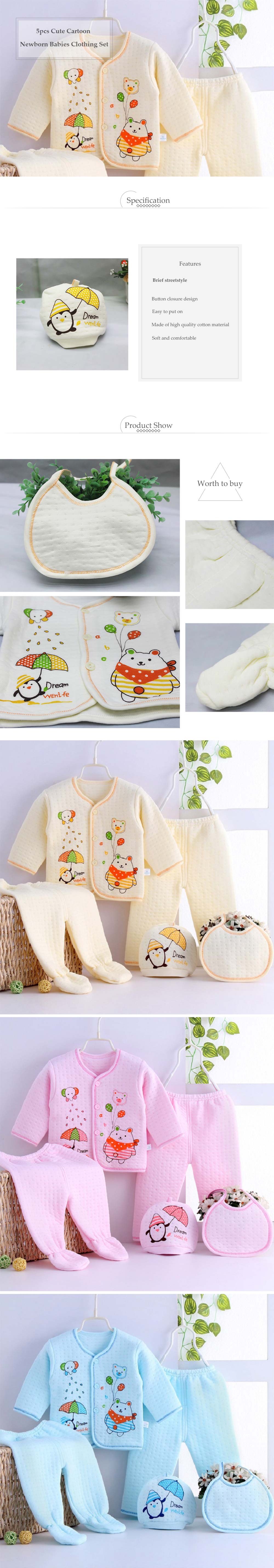 5pcs Cute Cartoon Pattern Comfortable Newborn Babies Clothing Set