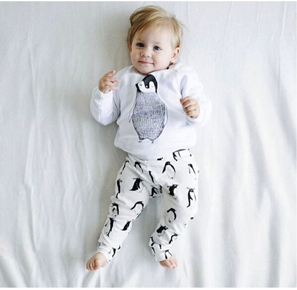 Infant Baby Child Unisex Sweet 2pcs Cartoon Animal Penguin Print Round Collar Long Sleeve T-shirt Elastic Long Pants
