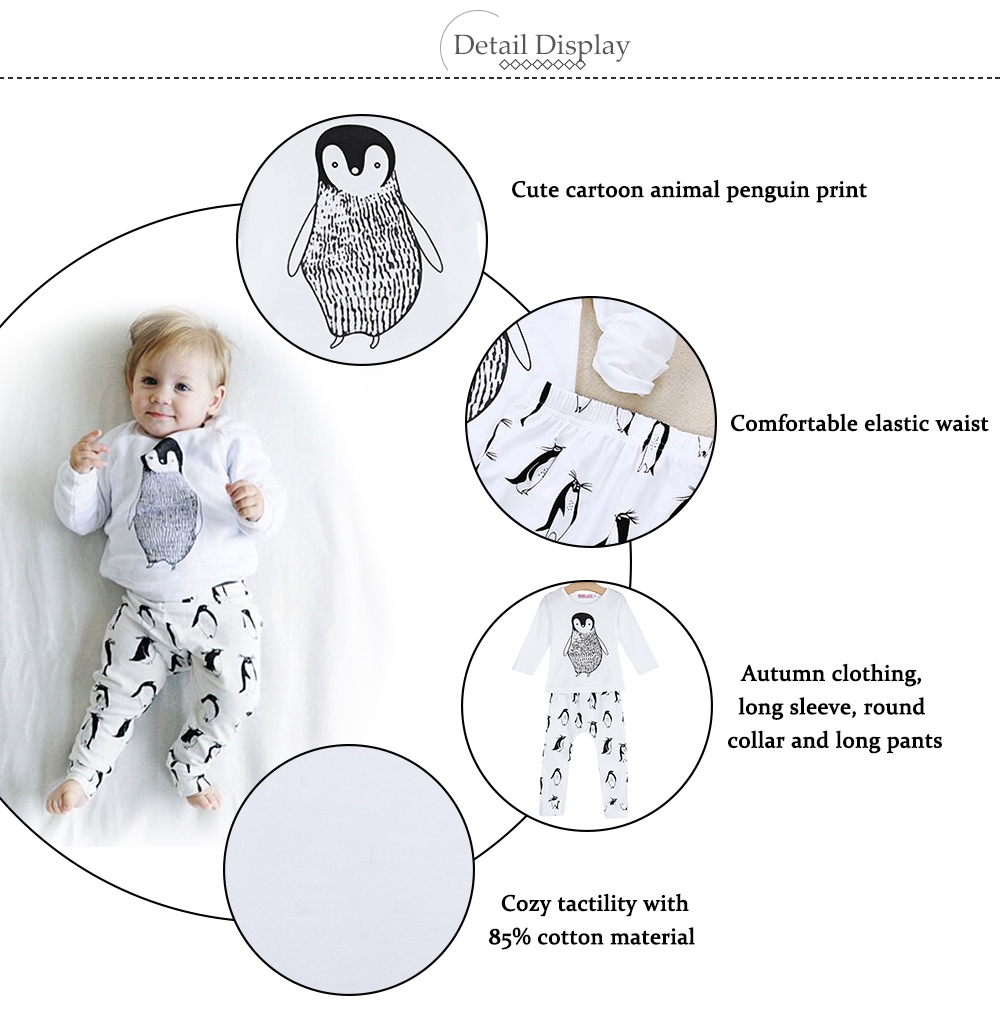 Infant Baby Child Unisex Sweet 2pcs Cartoon Animal Penguin Print Round Collar Long Sleeve T-shirt Elastic Long Pants