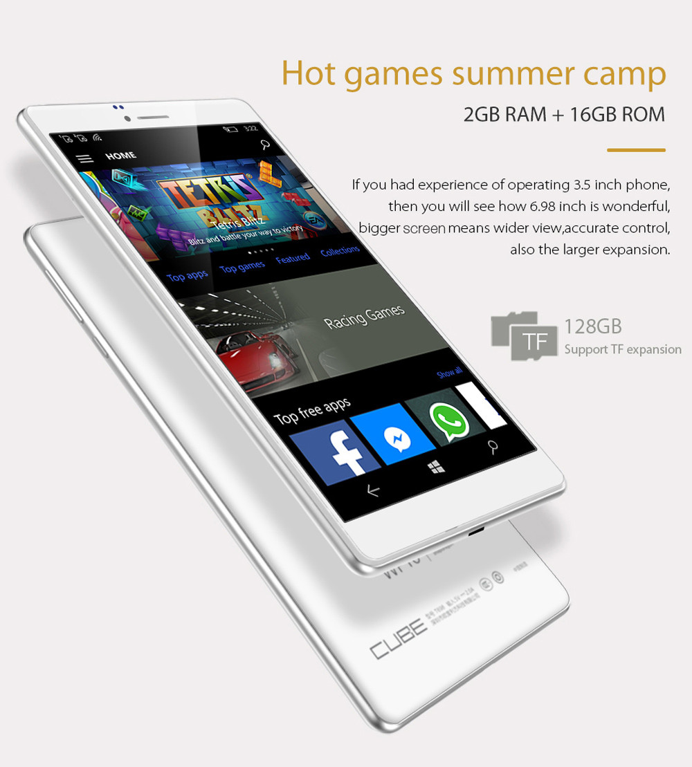 Cube WP10 6.98 inch 4G Phablet Windows 10 Mobile MSM8909 Quad Core 1.3GHz 2GB RAM 16GB ROM 5.0MP Rear Camera IPS Screen WiFi OTG GPS Bluetooth 4.1