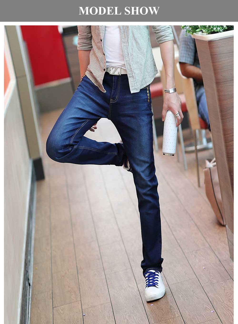 Fashionable Zipper Design Pocket Decoration Mid-rise Slim Fit Jeans for Men