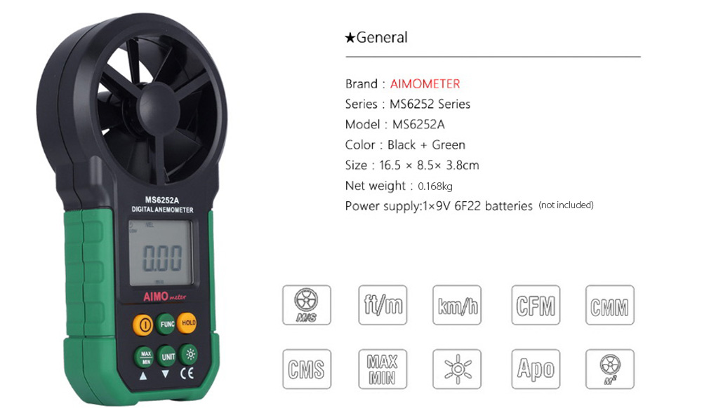 AIMOMETER MS6252A Handheld Digital Anemometer Air Speed Velocity Meter