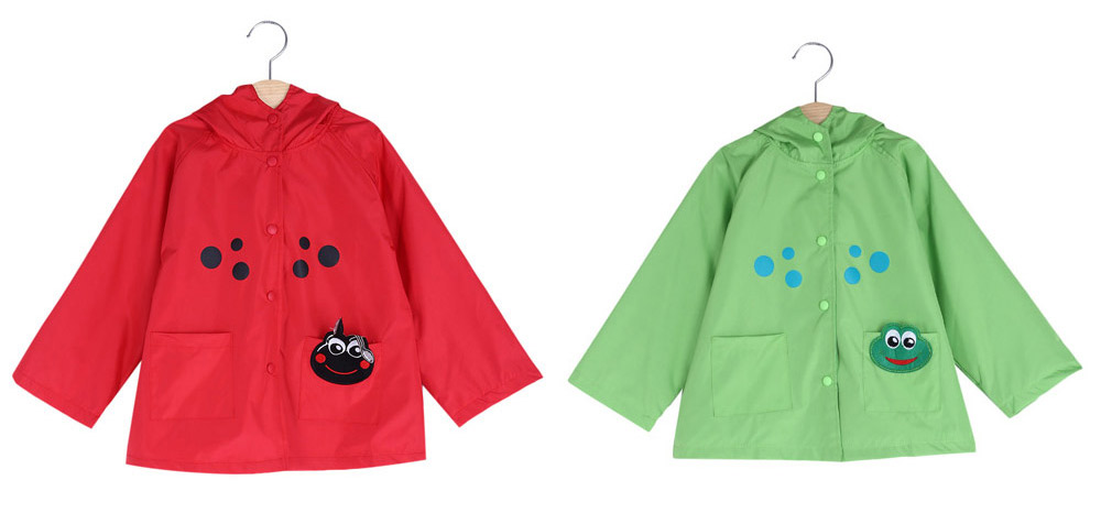 Child Girl Sweet Cartoon Animal Dot Print Jacket Hooded Long Sleeve Snap Fastener Pocket Design Raincoat