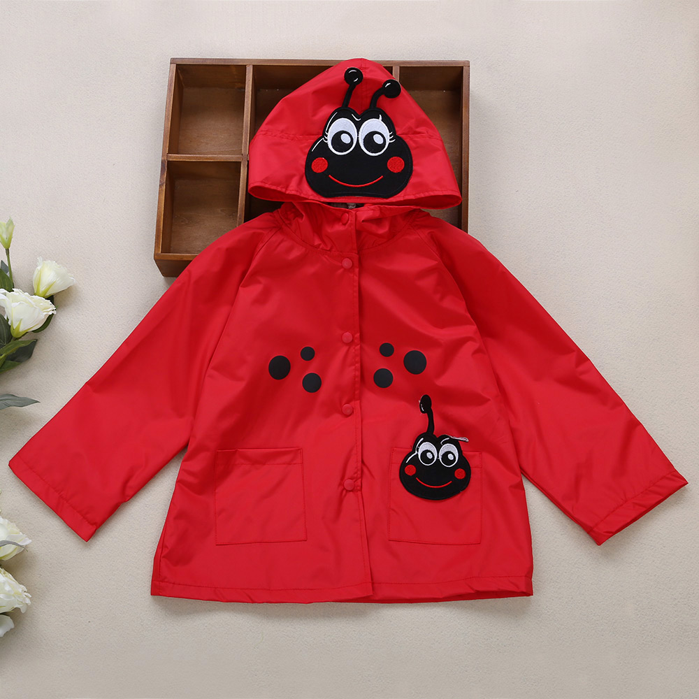 Child Girl Sweet Cartoon Animal Dot Print Jacket Hooded Long Sleeve Snap Fastener Pocket Design Raincoat