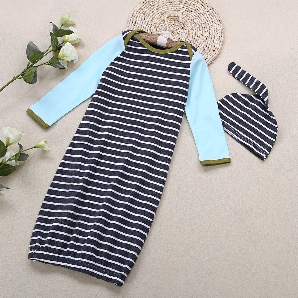 Fashionable Round Collar Long Sleeve Striped Children Romper with Hat