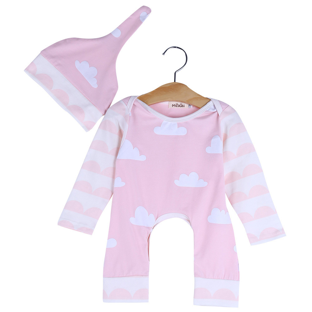 Baby Stylish Cloud Print Cotton Blend Round Collar Long Sleeve Romper with Hat