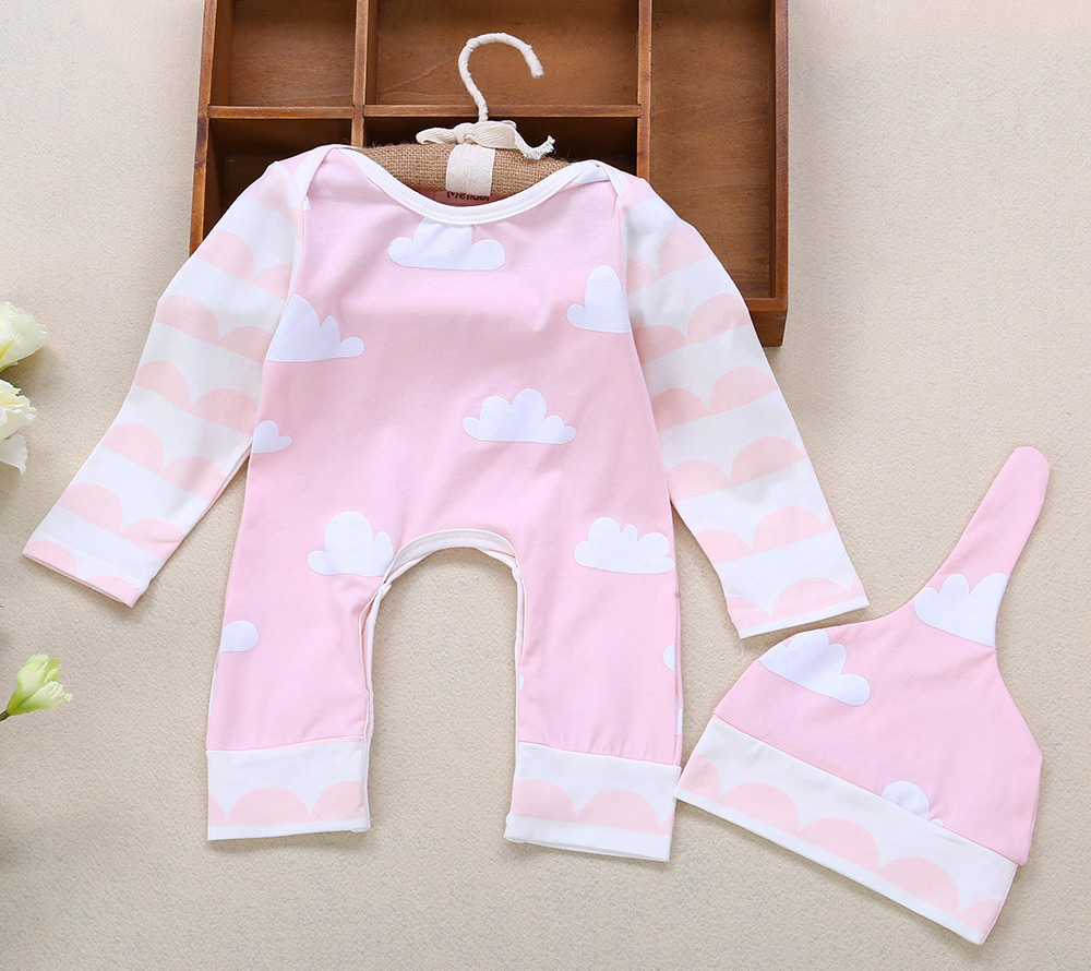 Baby Stylish Cloud Print Cotton Blend Round Collar Long Sleeve Romper with Hat