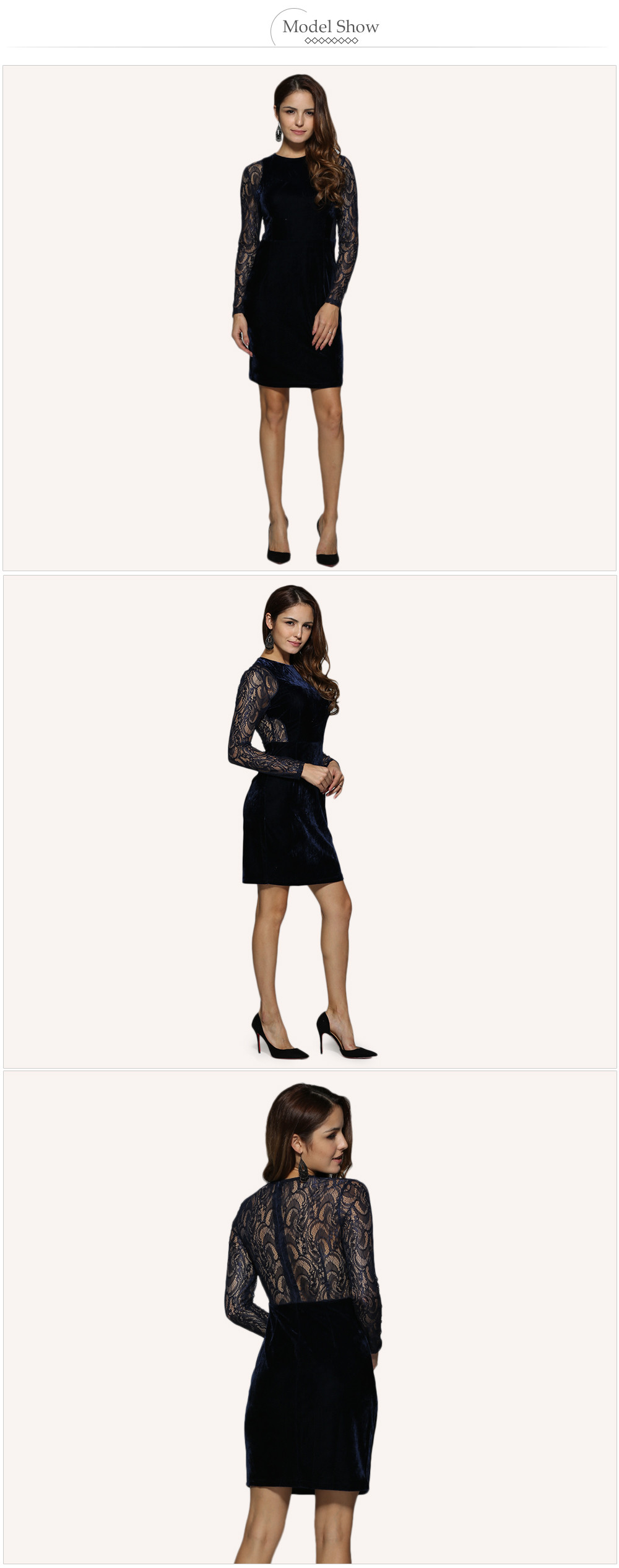 Elegant Round Collar Lace Spliced Sheath Women Velvet Dress