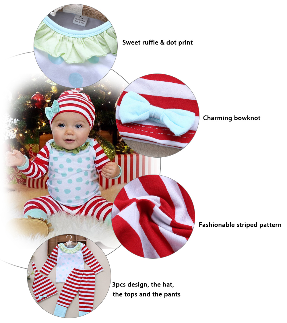 3pcs Geometric Print Striped Long Sleeve Round Collar Tops Pants Pointed Hat