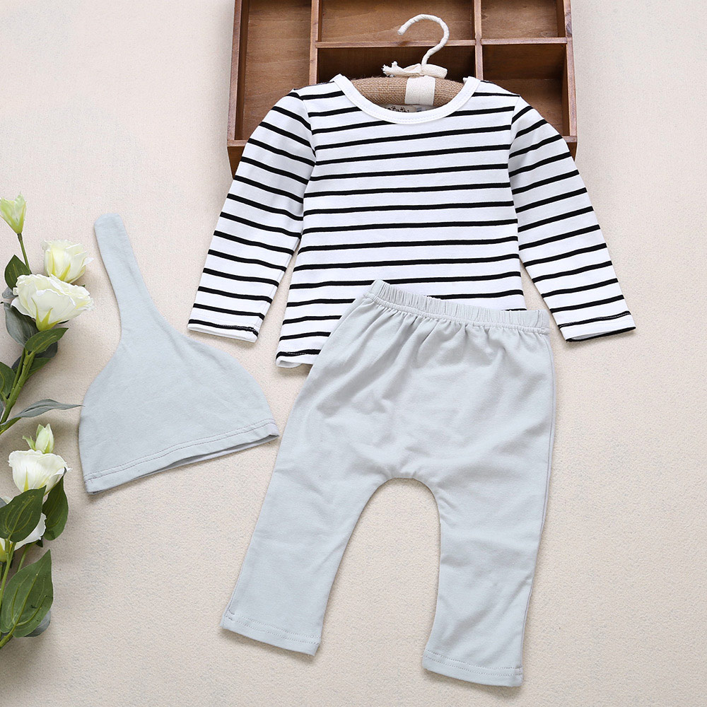 3pcs Soft Baby Child Striped Long Sleeve Round Collar Tops Solid Color Elastic Pants Pointed Hat Clothing Suit