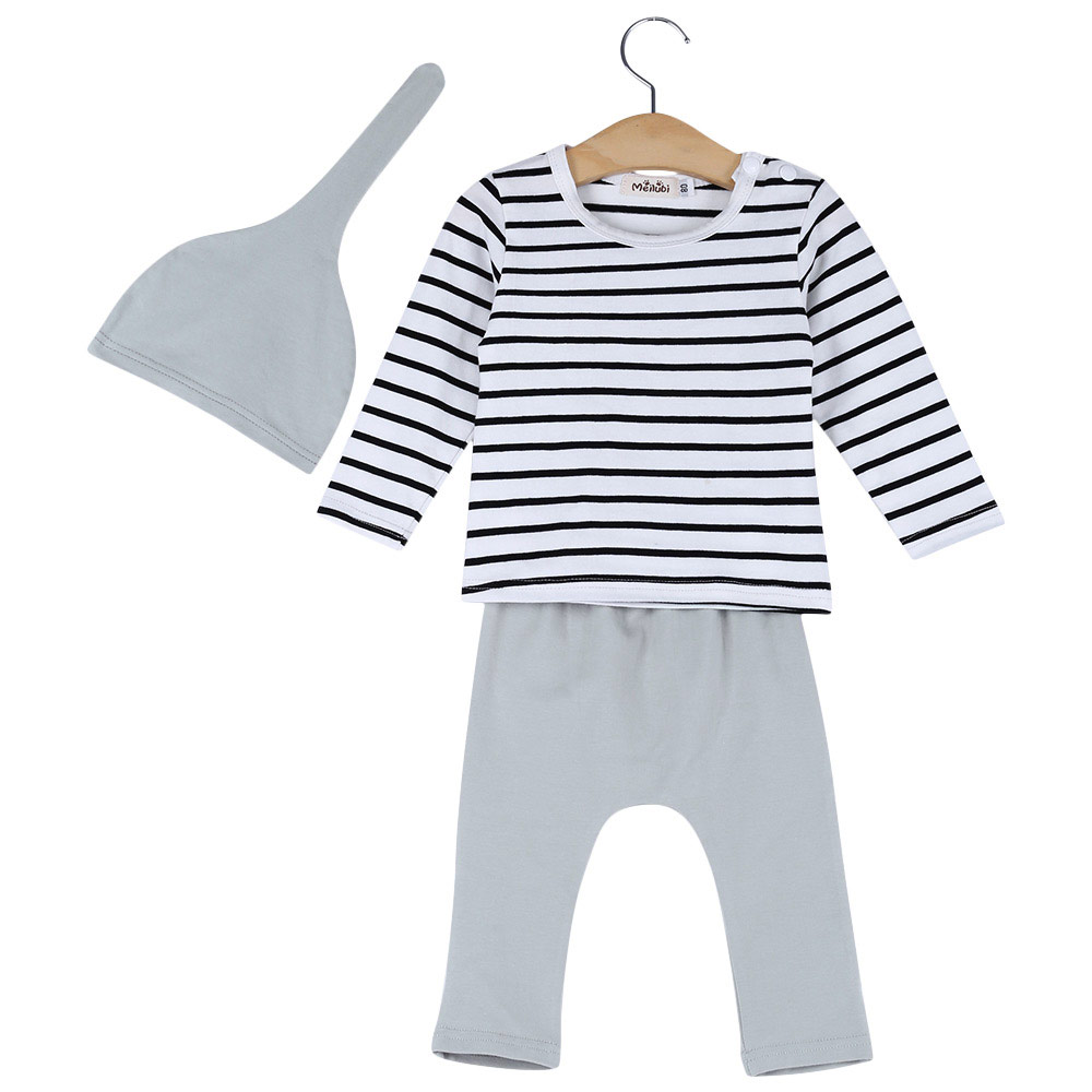 3pcs Soft Baby Child Striped Long Sleeve Round Collar Tops Solid Color Elastic Pants Pointed Hat Clothing Suit
