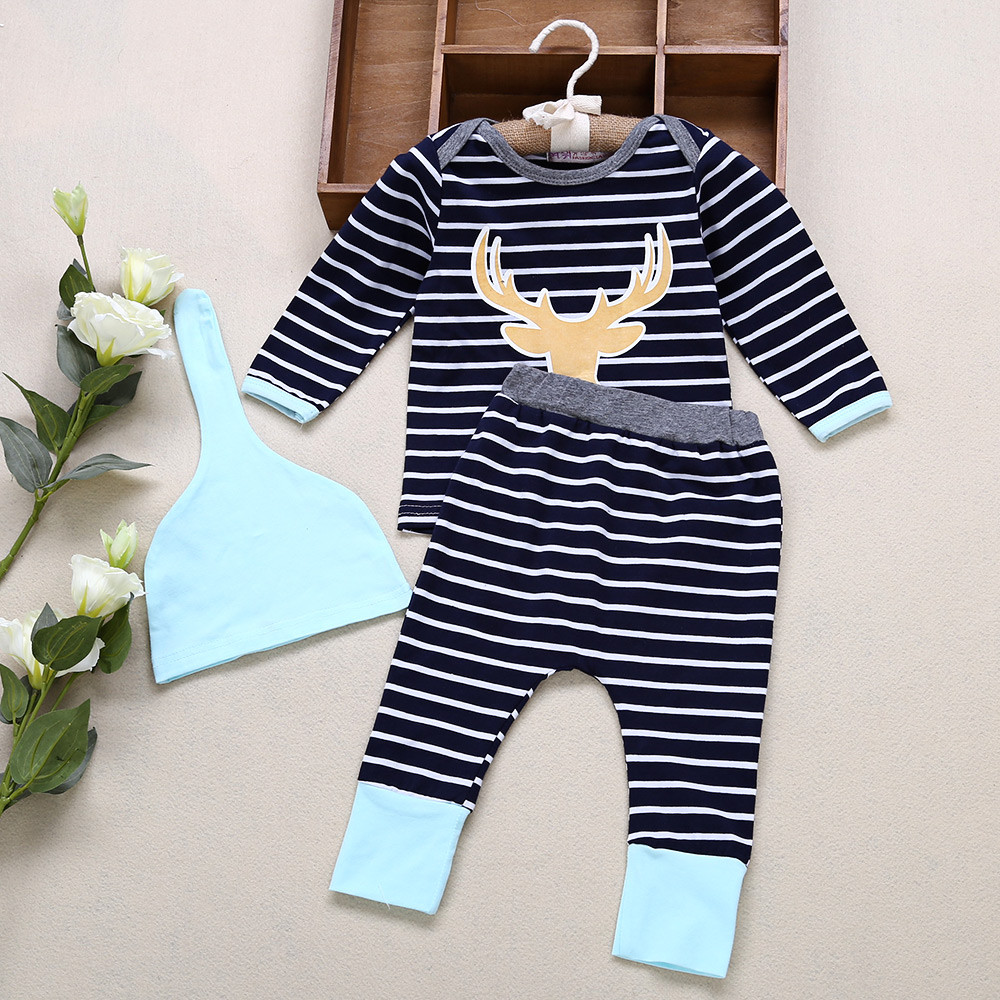 3pcs Cute Cartoon Animal Print Striped Long Sleeve Round Collar Tops Elastic Pants Pointed Hat Clothing Suit