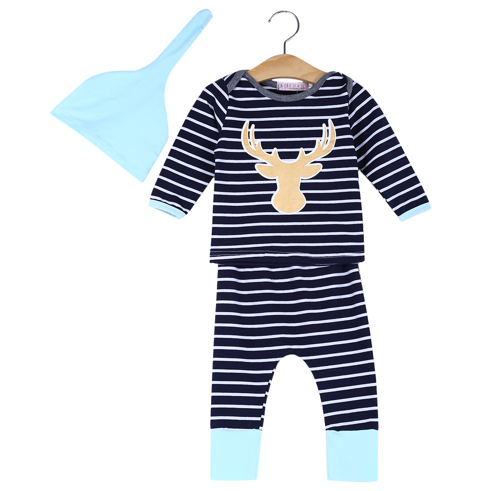 3pcs Cute Cartoon Animal Print Striped Long Sleeve Round Collar Tops Elastic Pants Pointed Hat Clothing Suit