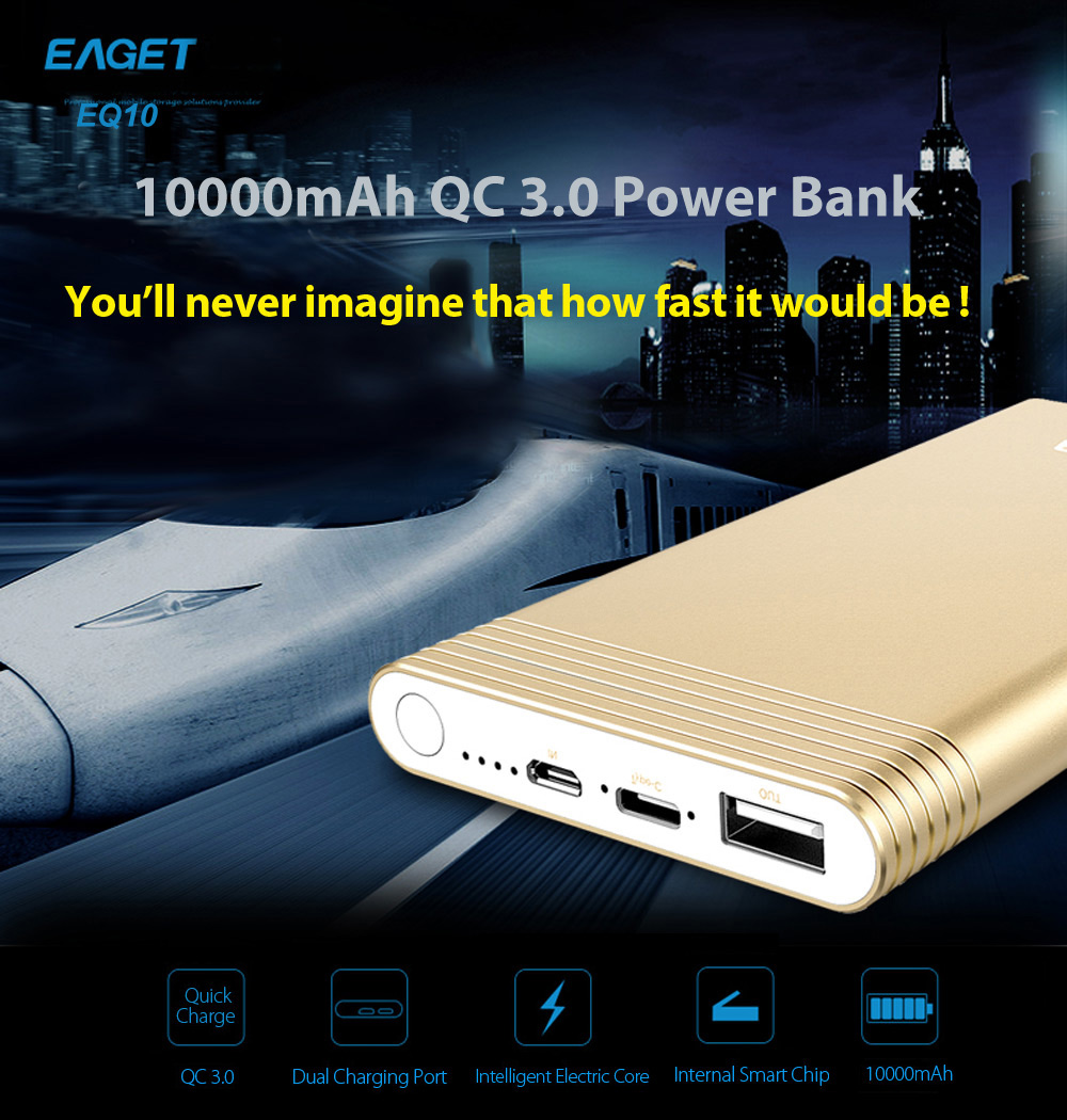 EAGET EQ10 10000mAh QC 3.0 Power Bank with Type-C Input Output Port