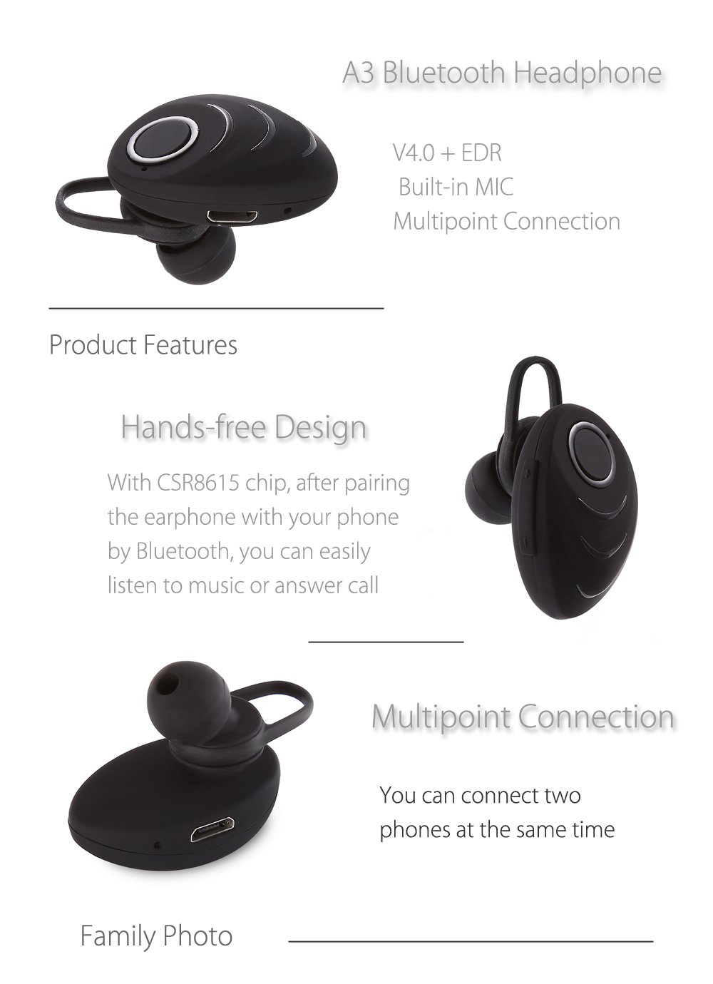 A3 Bluetooth V4.0 Headphone with Built-in MIC Multipoint Connection A3 Bluetooth V4.0 Headphone with Built-in MIC Multipoint Connection