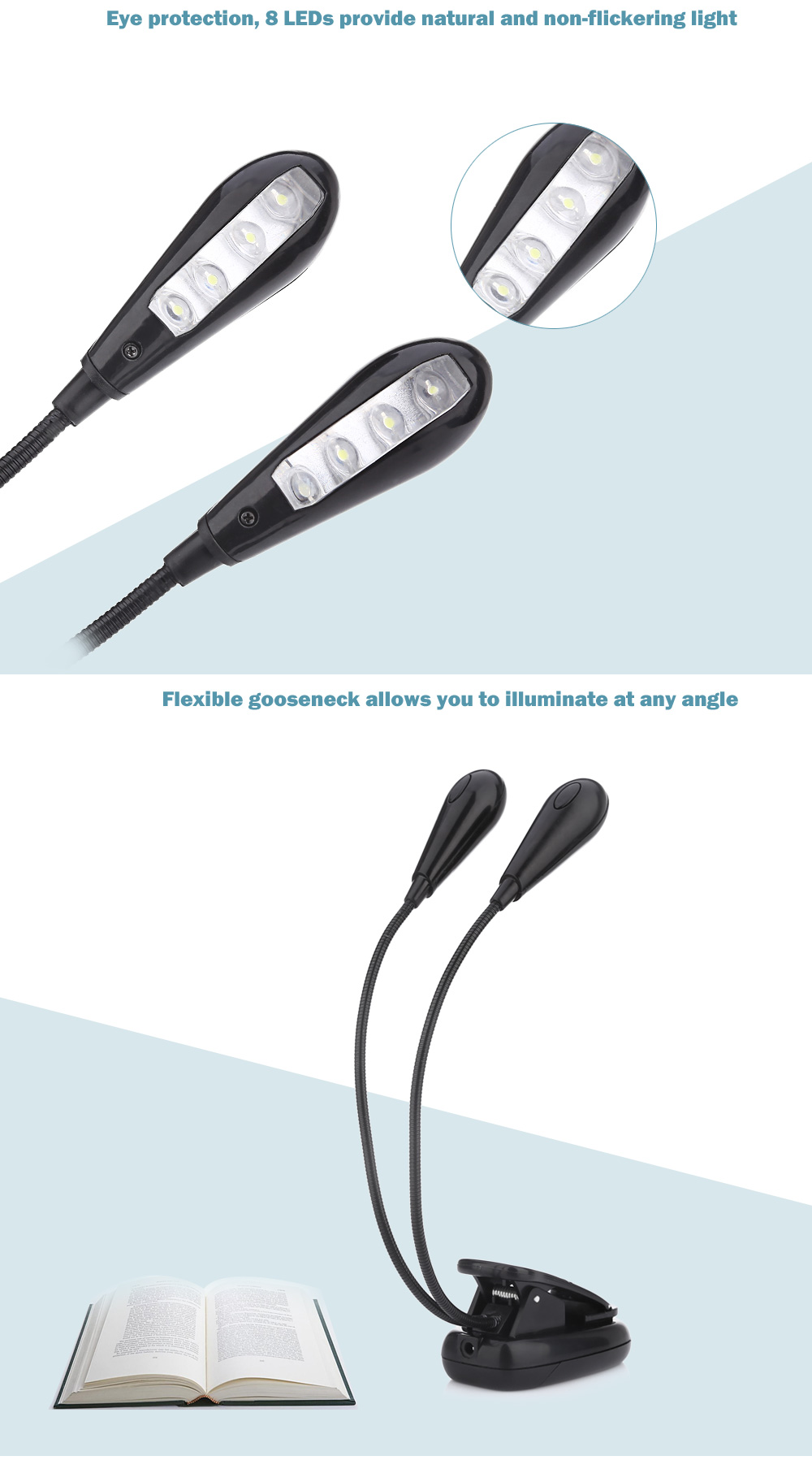 YouOKLight Dual Head 2W 8 LEDs USB Powered Clip Fixtures Desk Light Eye Care Reading Lamp YouOKLight Dual Head 2W 8 LEDs USB Powered Clip Fixtures Desk Light Eye Care Reading Lamp