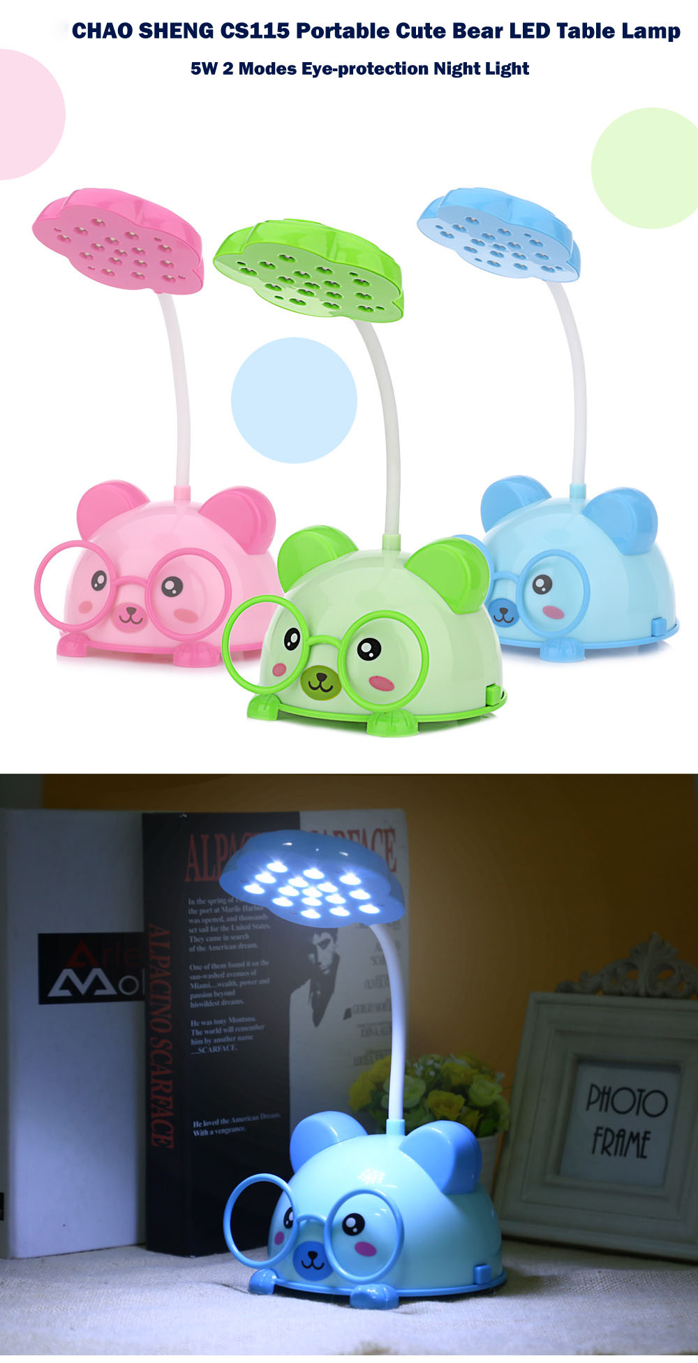 CHAO SHENG CS115 Portable Lovely Bear Eye-protection 5W LED Table Lamp 2 Modes Night Light