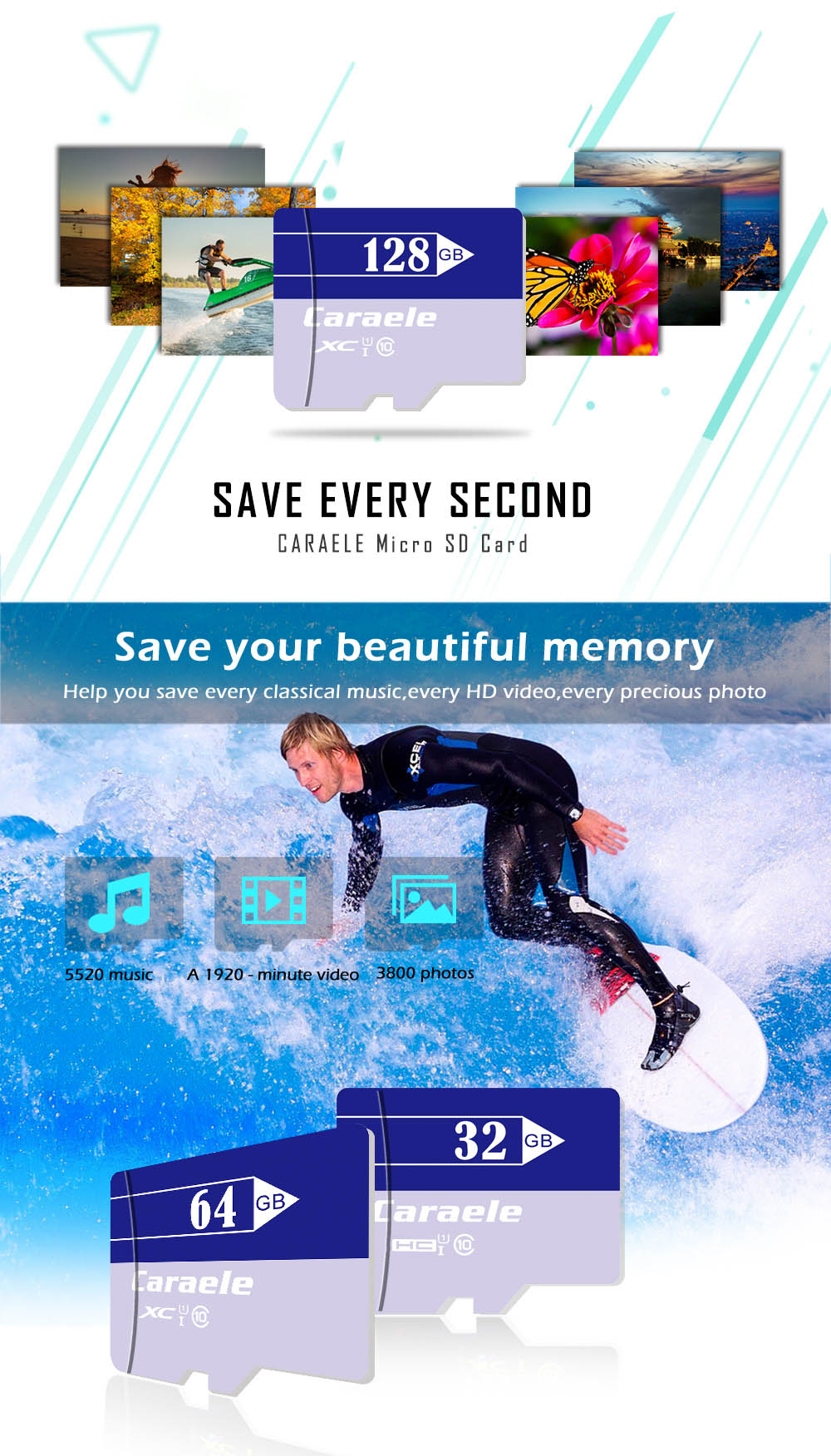 Caraele Multi-storage TF / Micro SD Memory Card XC Class 10 UHS-I