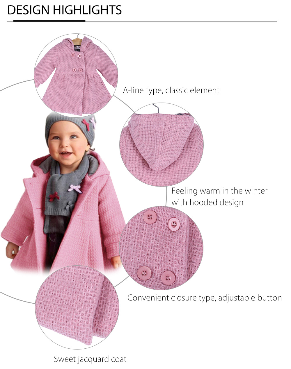 Sweet Child Girl Ruffle Long Sleeve Hooded Button Jacquard Coat Sweet Child Girl Ruffle Long Sleeve Hooded Button Jacquard Coat