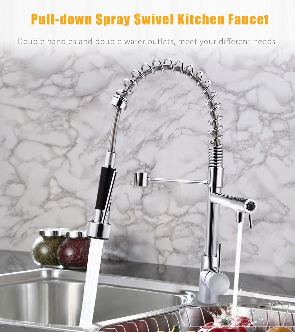 Deck Mounted Pull-down Spray Swivel Kitchen Faucet with Flexible Hose