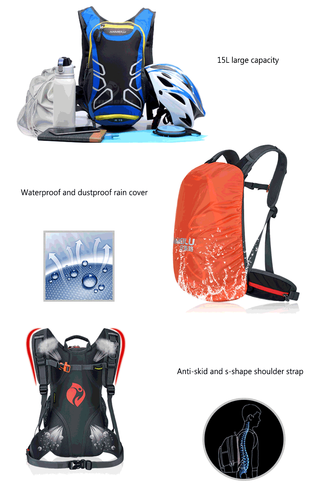 ANMEILU 15L Unisex Ultralight Bicycle Pack Backpack with Rain Helmet Cover for Cycling Hiking Climbing ANMEILU 15L Unisex Ultralight Bicycle Pack Backpack with Rain Helmet Cover for Cycling Hiking Climbing