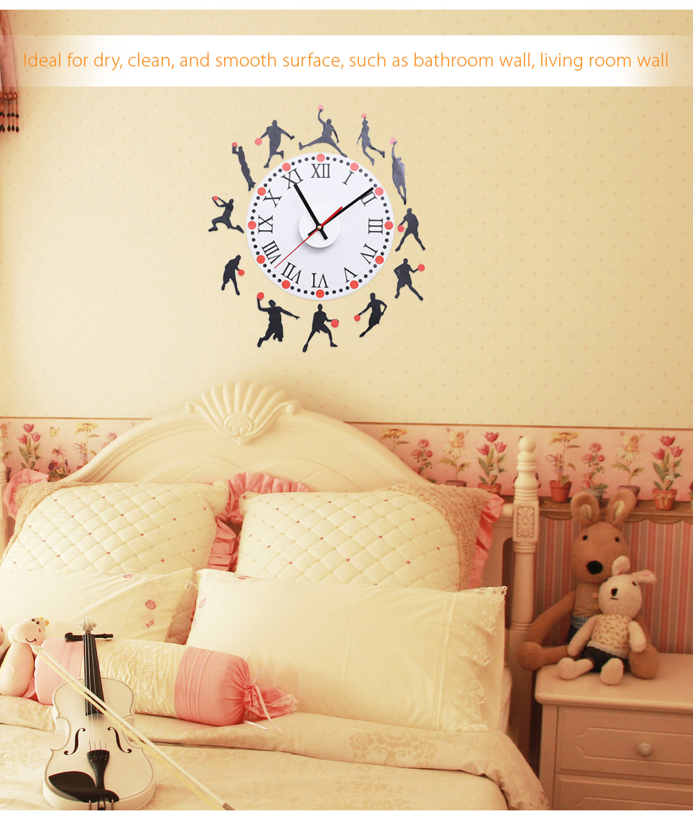 Fashion Creative Basketball Sketch Pattern Removable Wall Clock Sticker Decal for Living Room Bedroom