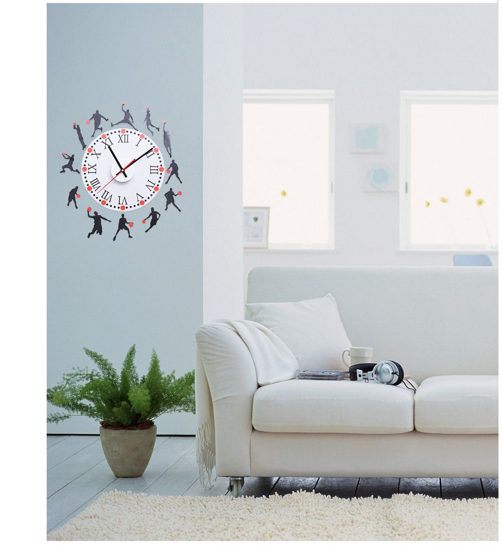 Fashion Creative Basketball Sketch Pattern Removable Wall Clock Sticker Decal for Living Room Bedroom