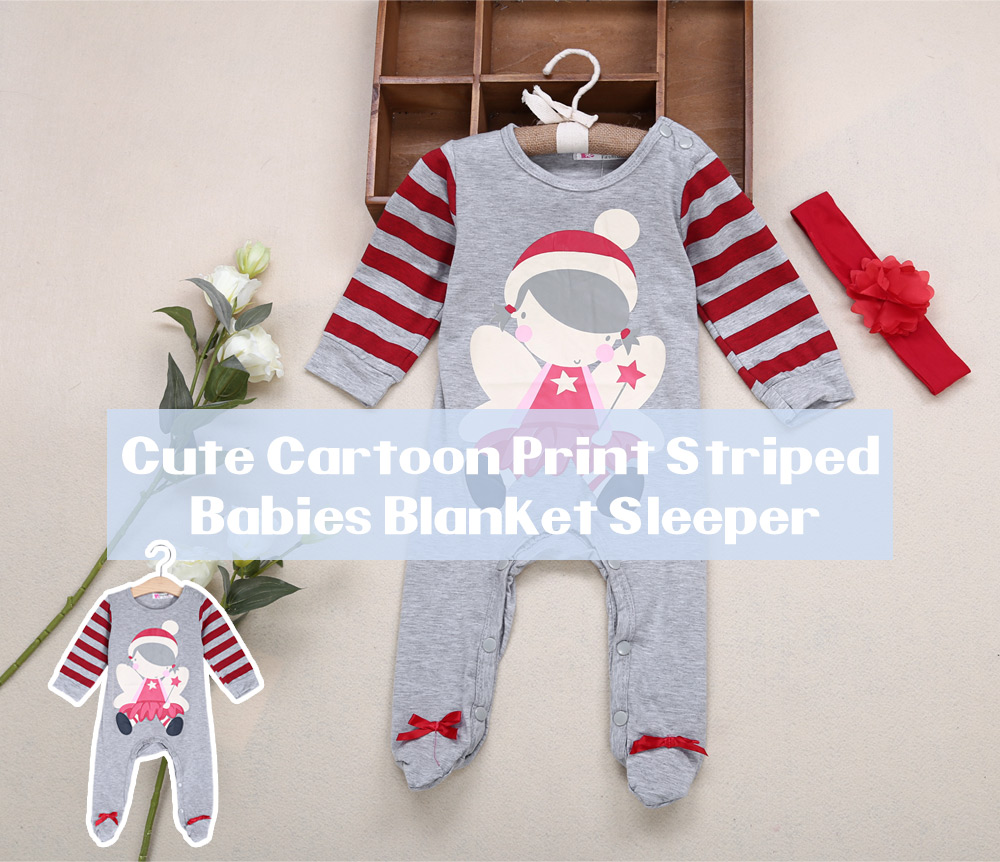 Cute Round Collar Cartoon Print Striped Unisex Babies Sleeper with Hair Band