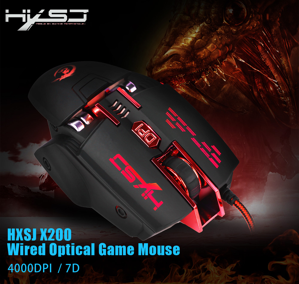 HXSJ X200 Optical 7D USB Wired Programmable Macro Gaming Mouse with LED Backlight